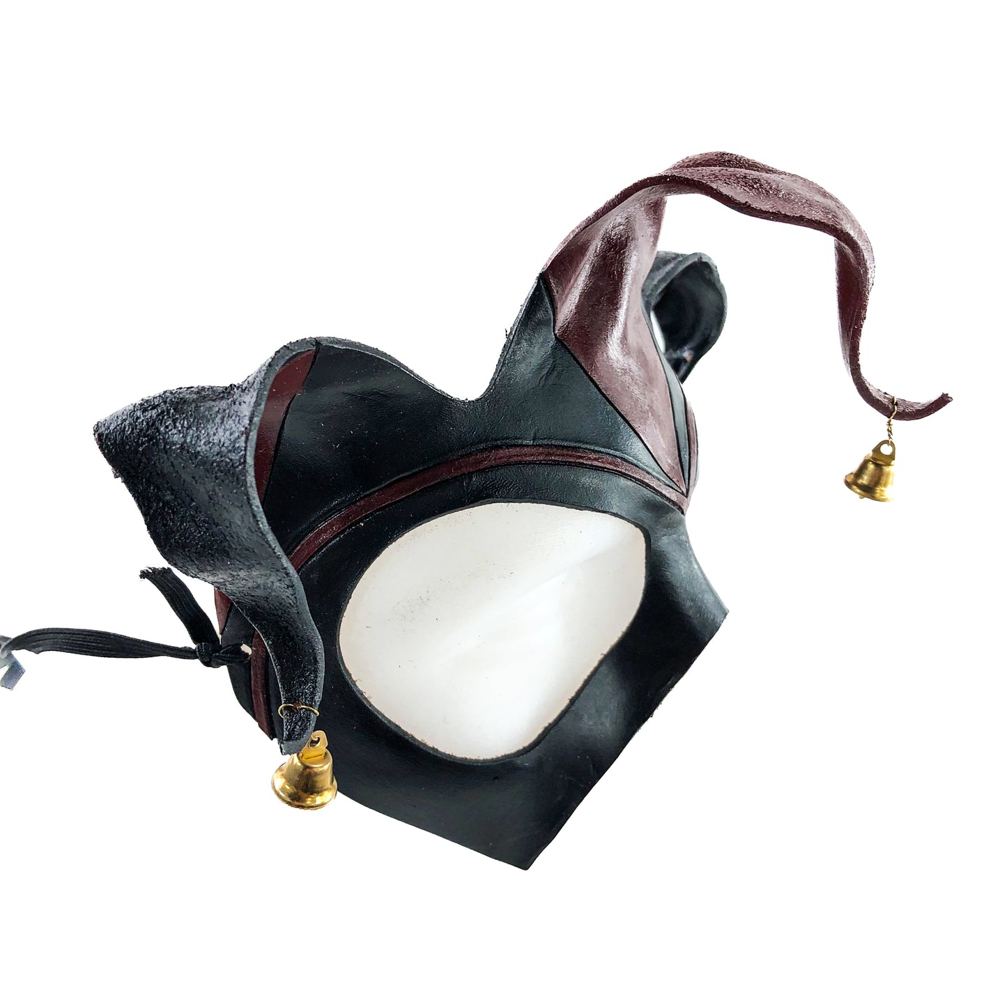 Handmade Genuine Leather Jester Mask in Red and Black with Brass Bells
