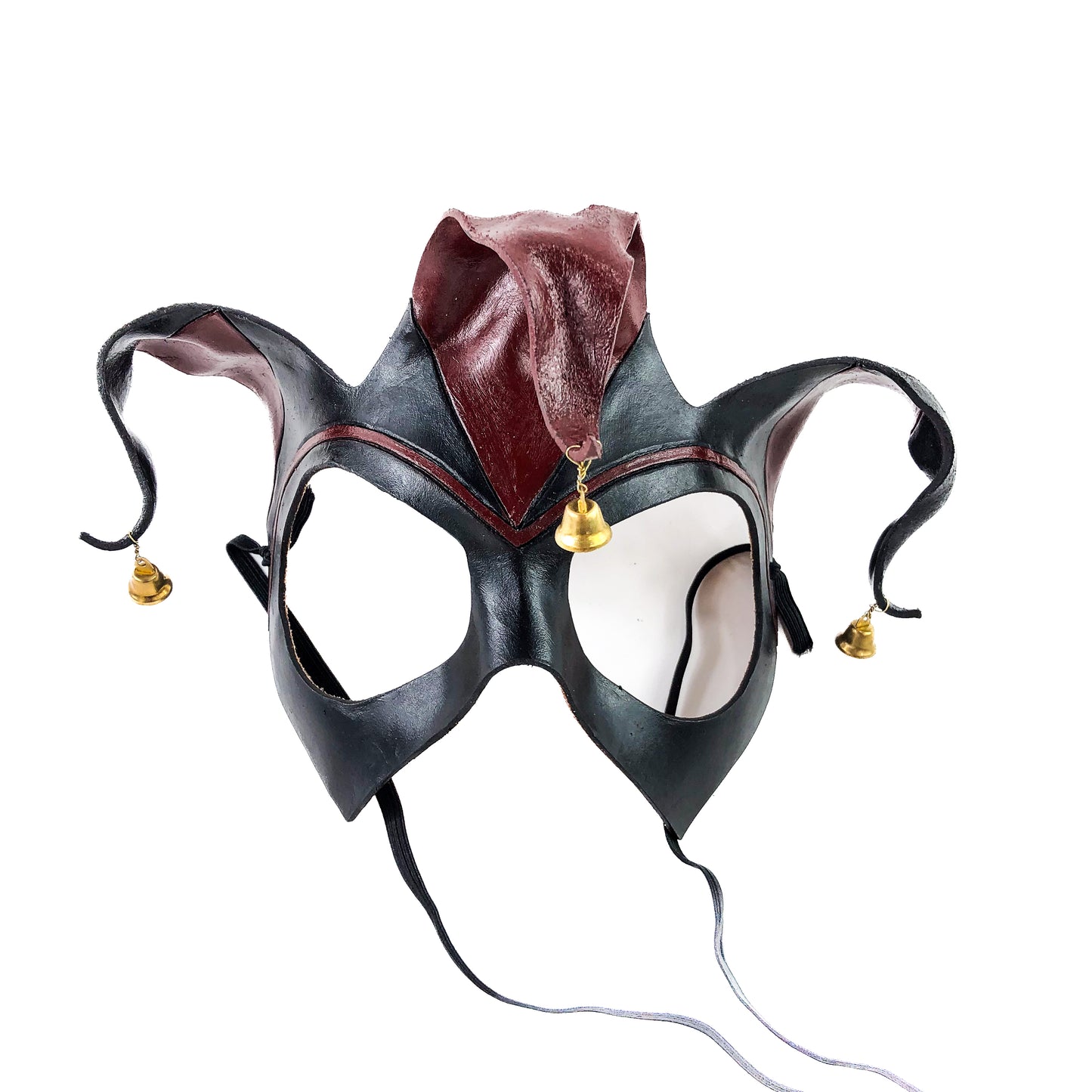 Handmade Genuine Leather Jester Mask in Red and Black with Brass Bells