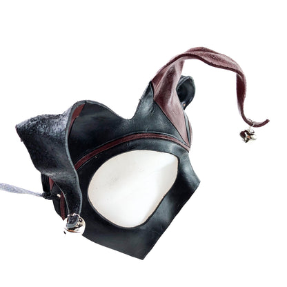 Handmade Genuine Leather Jester Mask in Red and Black with Silver Bells