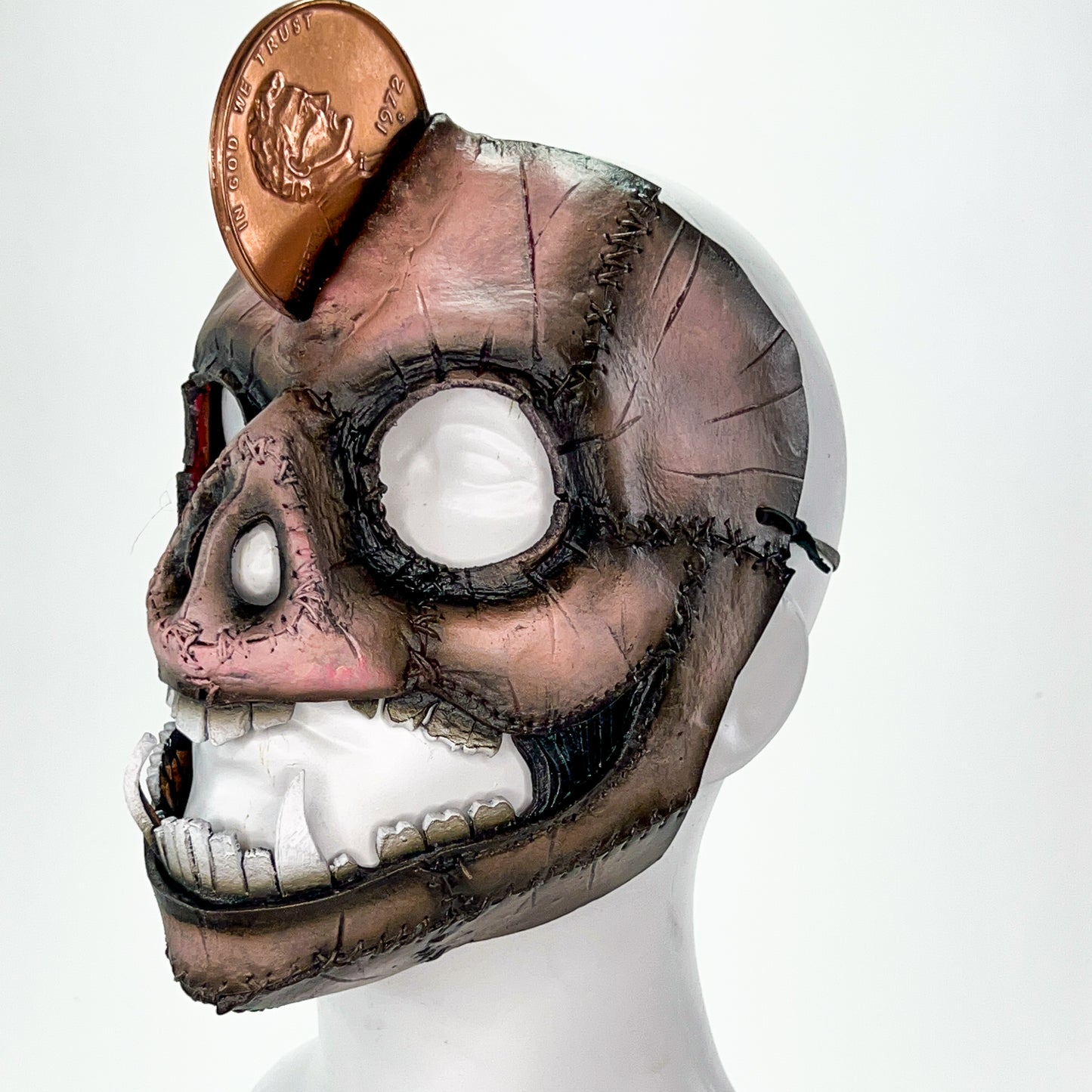 Demented Piggy Bank - Genuine Leather Mask - Real Copper Penny - Handmade Full Face Cover for Halloween or Performance Costume