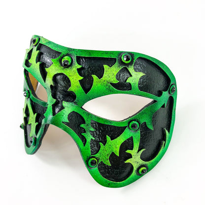 Dual Layer Handmade Genuine Leather Mask in Green and Black with Swarovski Crystals