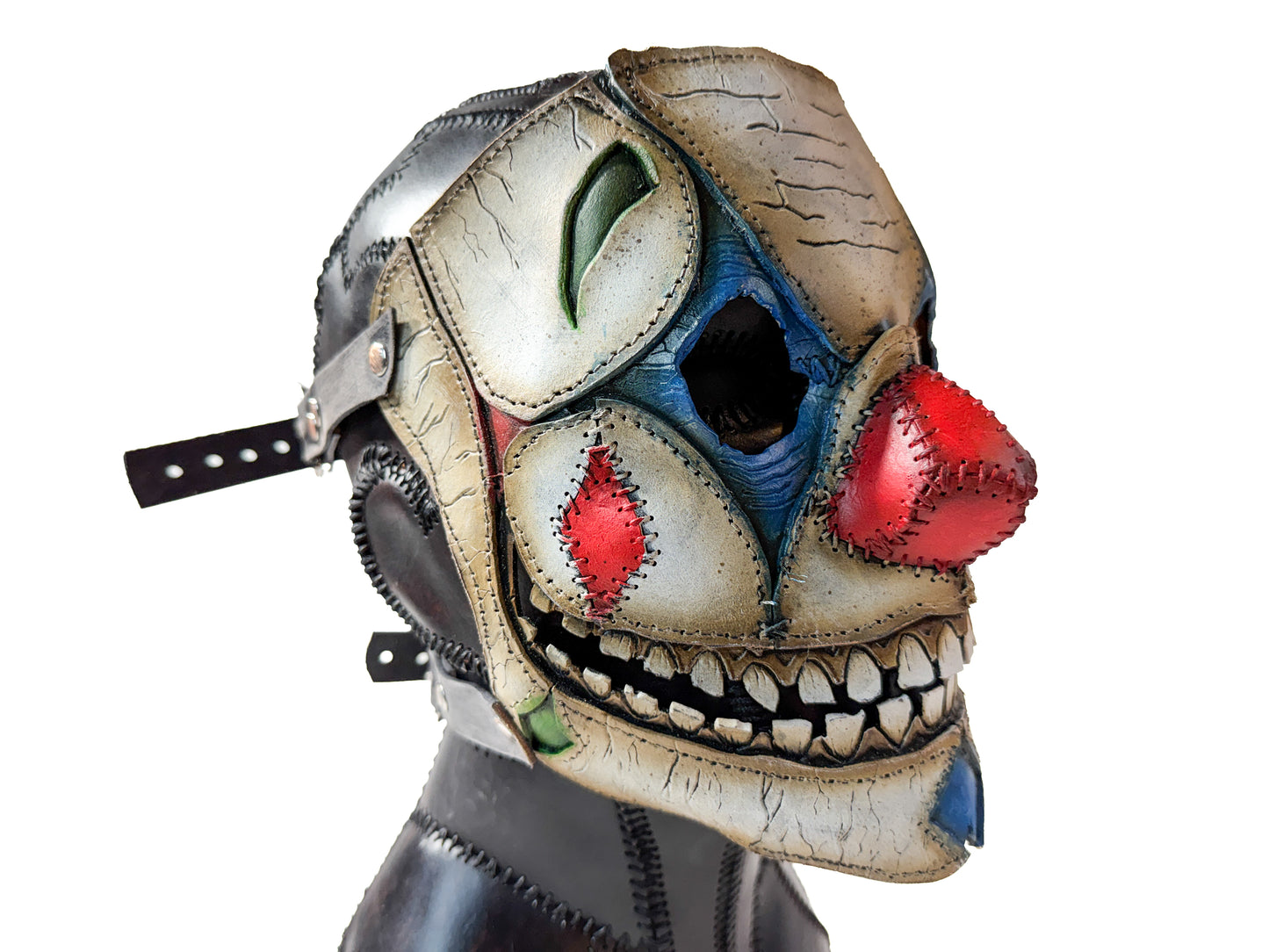 Genuine Leather Mask - Toy Clown - Thick Straps w Velcro Included - Wide Mouth Edition