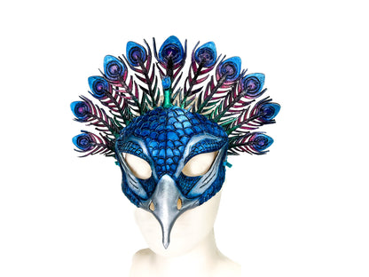 Metallic Blue Peacock Handmade Genuine Leather Mask