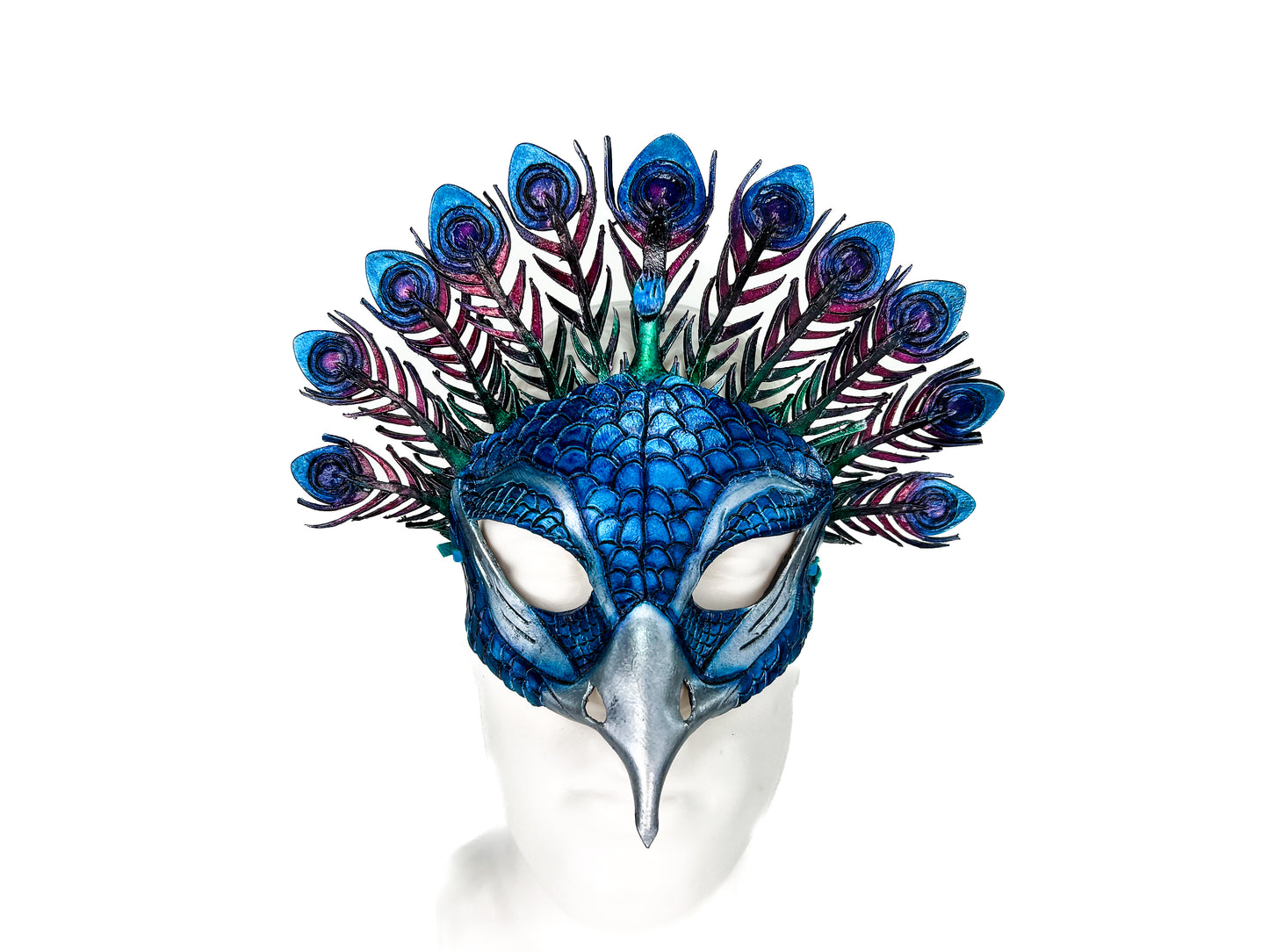Metallic Blue Peacock Handmade Genuine Leather Mask