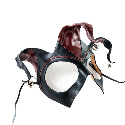 Handmade Genuine Leather Jester Mask in Red and Black with Silver Bells