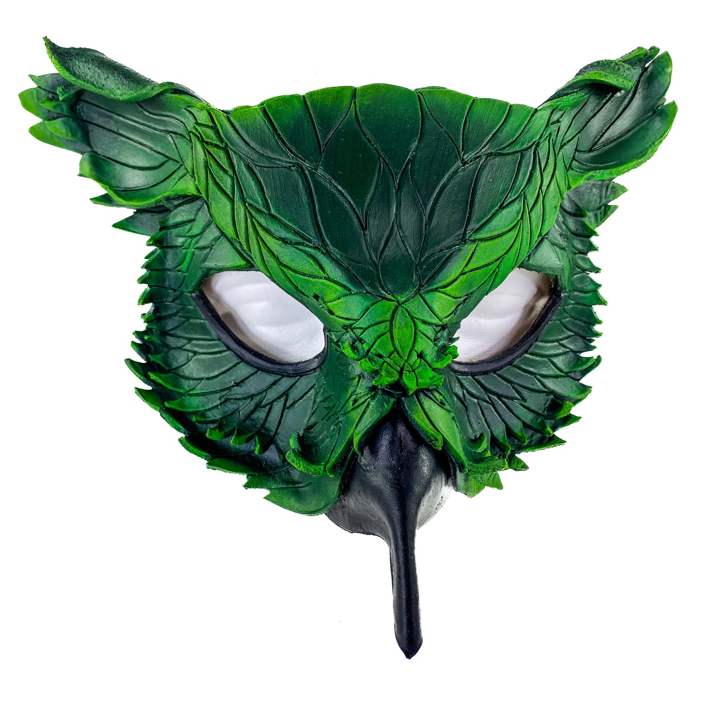 Layered Horned Owl Handmade Genuine Leather Mask in Green