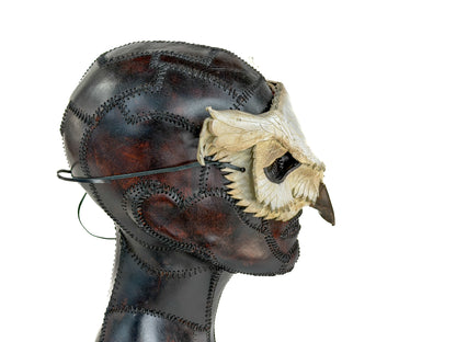 Layered Horned Owl Handmade Genuine Leather Mask in White