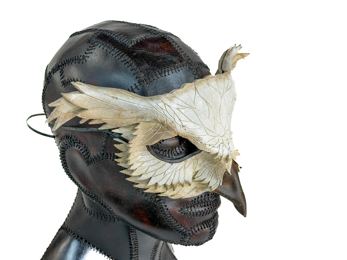 Layered Horned Owl Handmade Genuine Leather Mask in White
