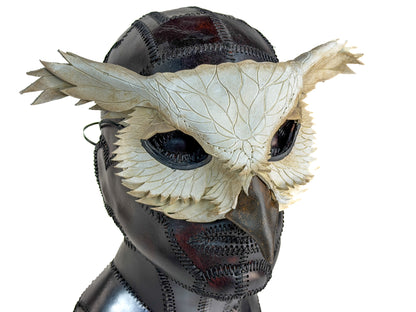 Layered Horned Owl Handmade Genuine Leather Mask in White