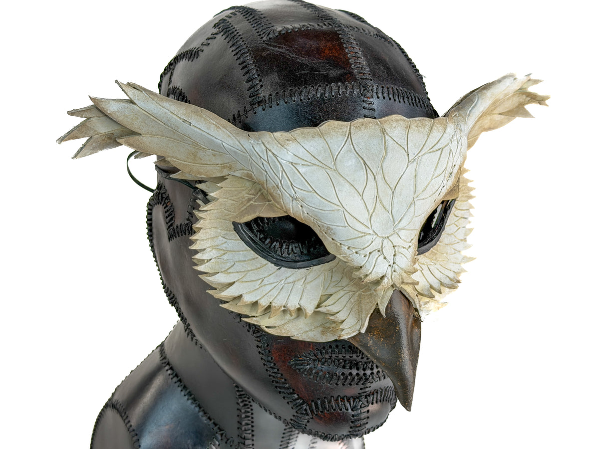 Layered Horned Owl Handmade Genuine Leather Mask in White