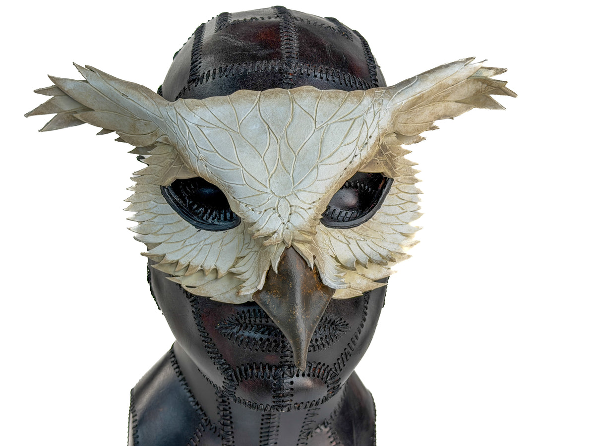 Layered Horned Owl Handmade Genuine Leather Mask in White