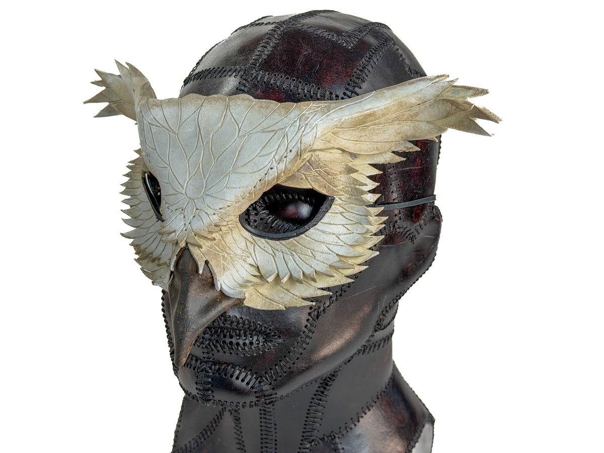 Layered Horned Owl Handmade Genuine Leather Mask in White