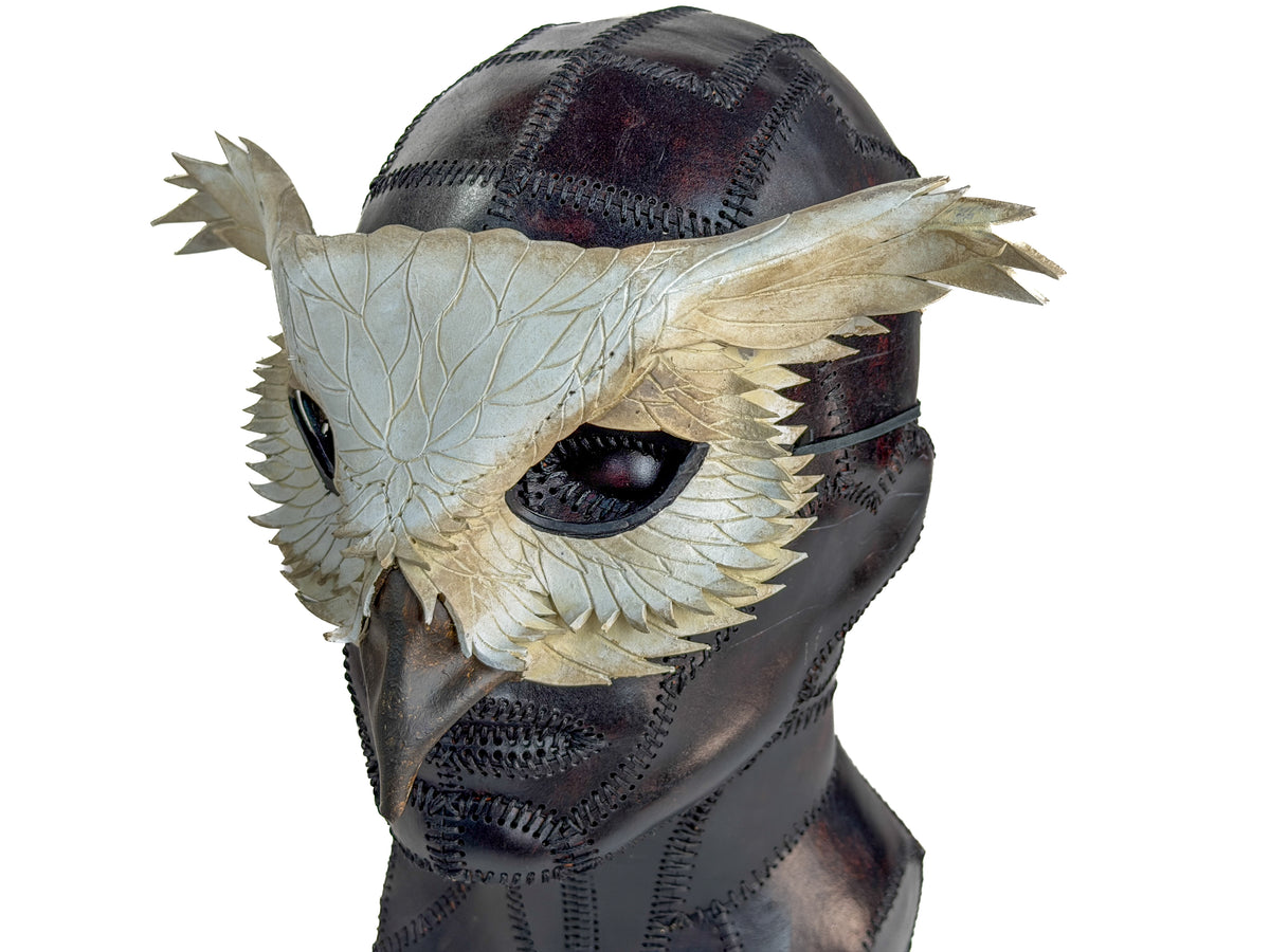 Layered Horned Owl Handmade Genuine Leather Mask in White