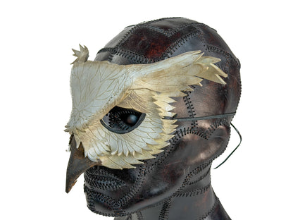 Layered Horned Owl Handmade Genuine Leather Mask in White