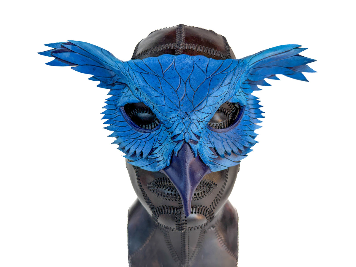 Layered Horned Owl Handmade Genuine Leather Mask in Blue