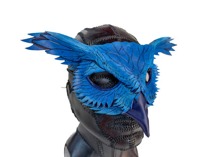 Layered Horned Owl Handmade Genuine Leather Mask in Blue