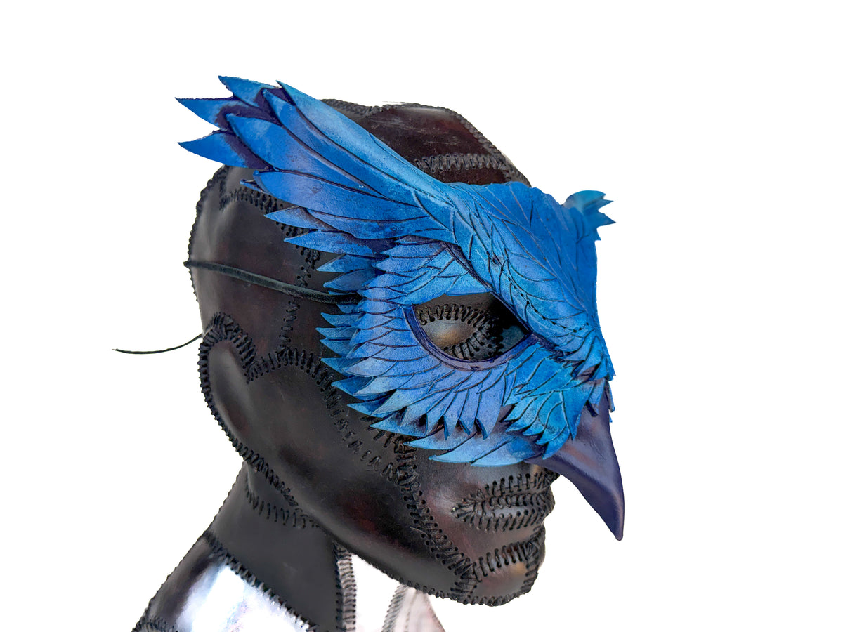 Layered Horned Owl Handmade Genuine Leather Mask in Blue