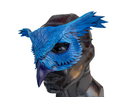 Layered Horned Owl Handmade Genuine Leather Mask in Blue
