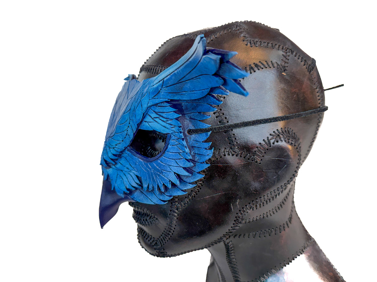 Layered Horned Owl Handmade Genuine Leather Mask in Blue