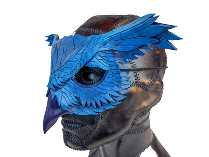Layered Horned Owl Handmade Genuine Leather Mask in Blue
