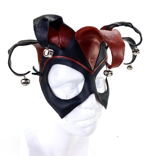 Ready to Ship - Handmade Genuine Leather Five Point Jester Mask in Red and Black with Silver Bells