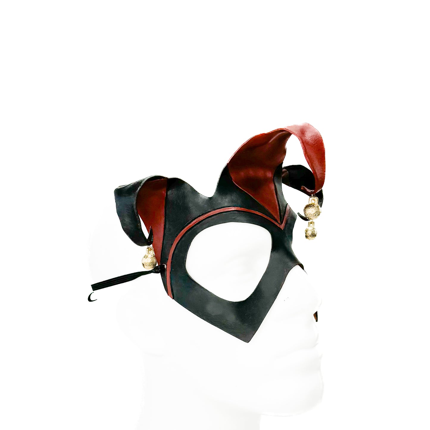 Handmade Genuine Leather Jester Mask in Red and Black With Tibetan Style Bronze Bells