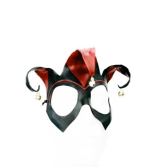 Handmade Genuine Leather Jester Mask in Red and Black With Tibetan Style Bronze Bells