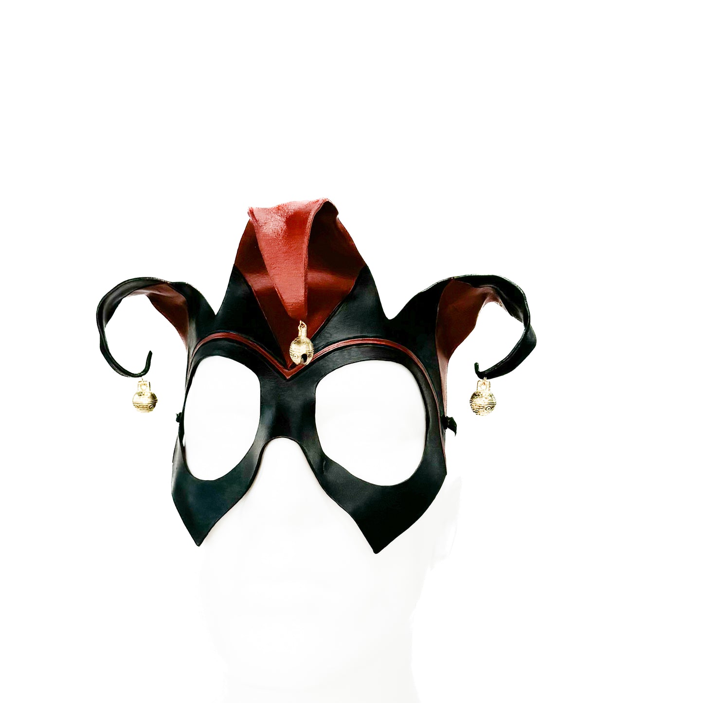 Handmade Genuine Leather Jester Mask in Red and Black With Tibetan Style Bronze Bells