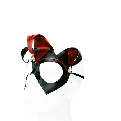 Handmade Genuine Leather Jester Mask in Red and Black With Tibetan Style Bronze Bells