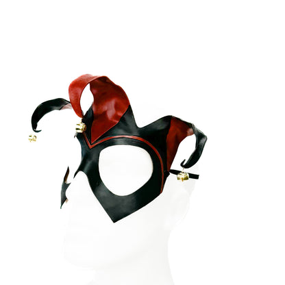 Handmade Genuine Leather Jester Mask in Red and Black with Brass Bells