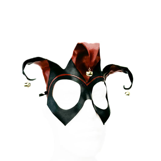 Handmade Genuine Leather Jester Mask in Red and Black with Brass Bells