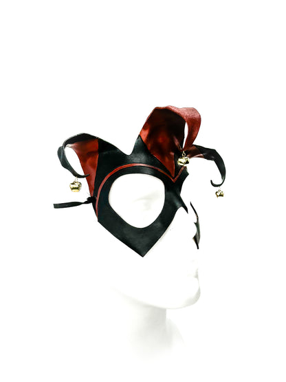 Handmade Genuine Leather Jester Mask in Red and Black with Brass Bells