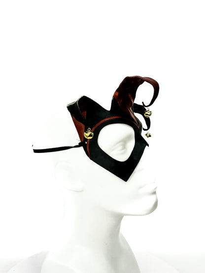 Handmade Genuine Leather Jester Mask in Red and Black with Brass Bells