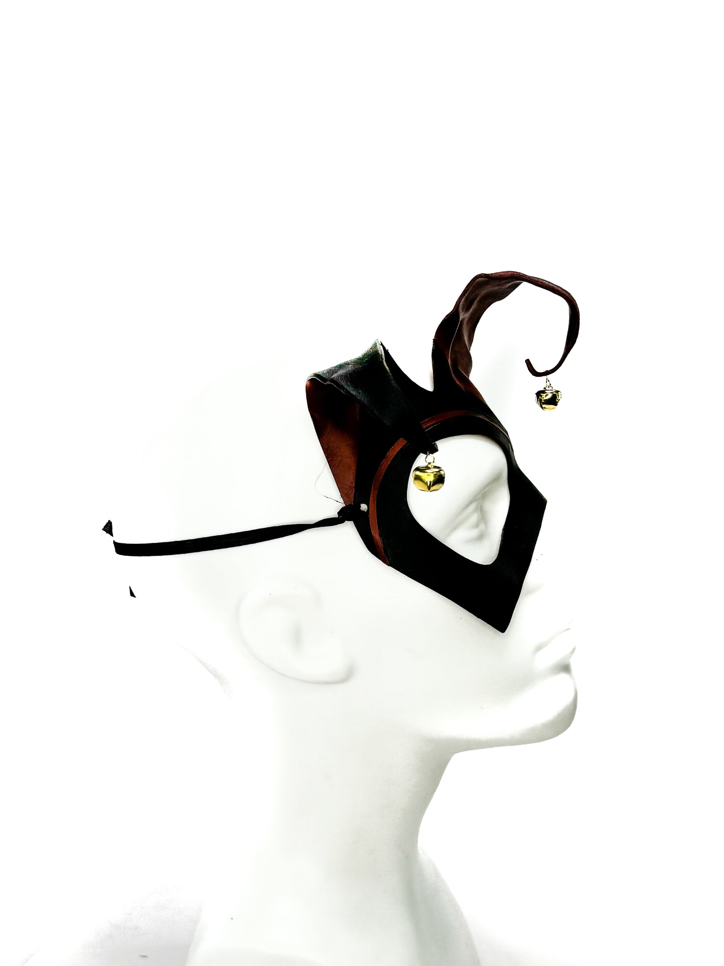 Handmade Genuine Leather Jester Mask in Red and Black with Brass Bells