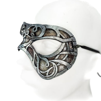 Dual Layer Ornate Masquerade Handmade Genuine Leather Eye Mask in Antiqued Silver