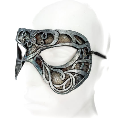 Dual Layer Ornate Masquerade Handmade Genuine Leather Eye Mask in Antiqued Silver