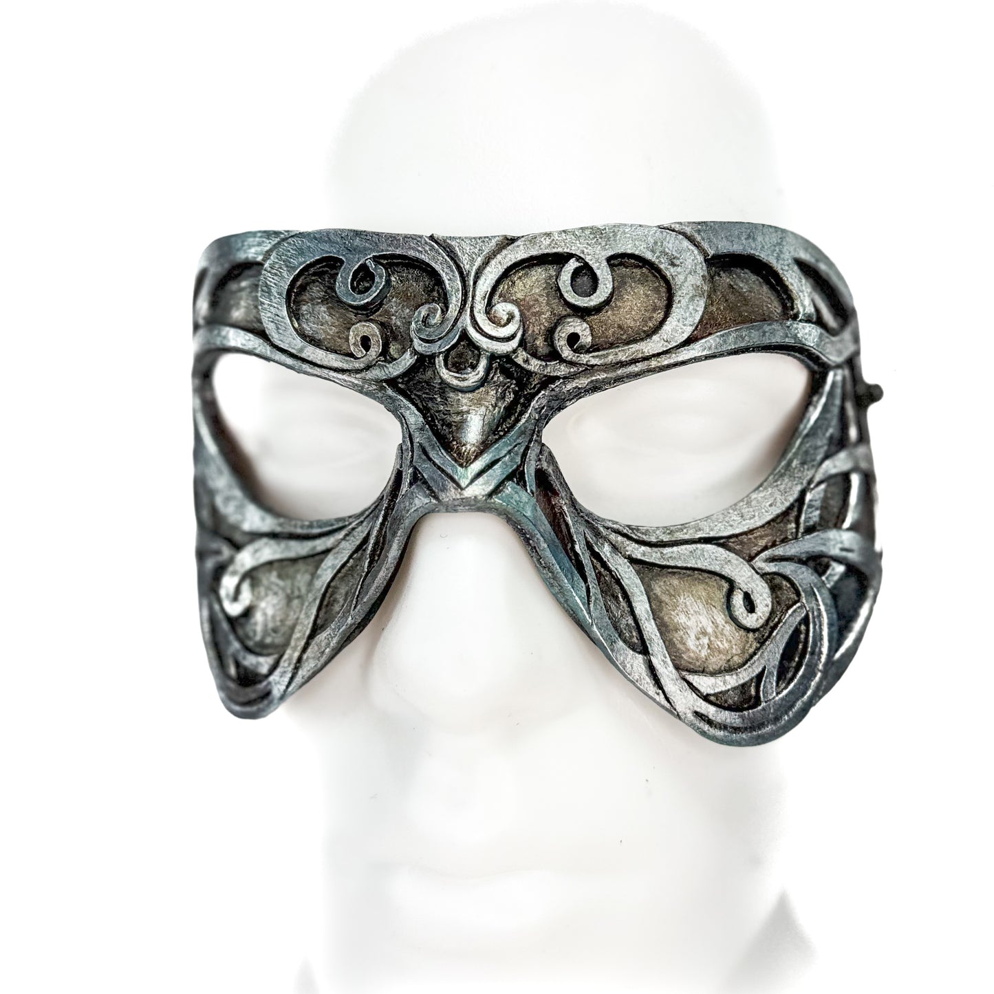 Dual Layer Ornate Masquerade Handmade Genuine Leather Eye Mask in Antiqued Silver