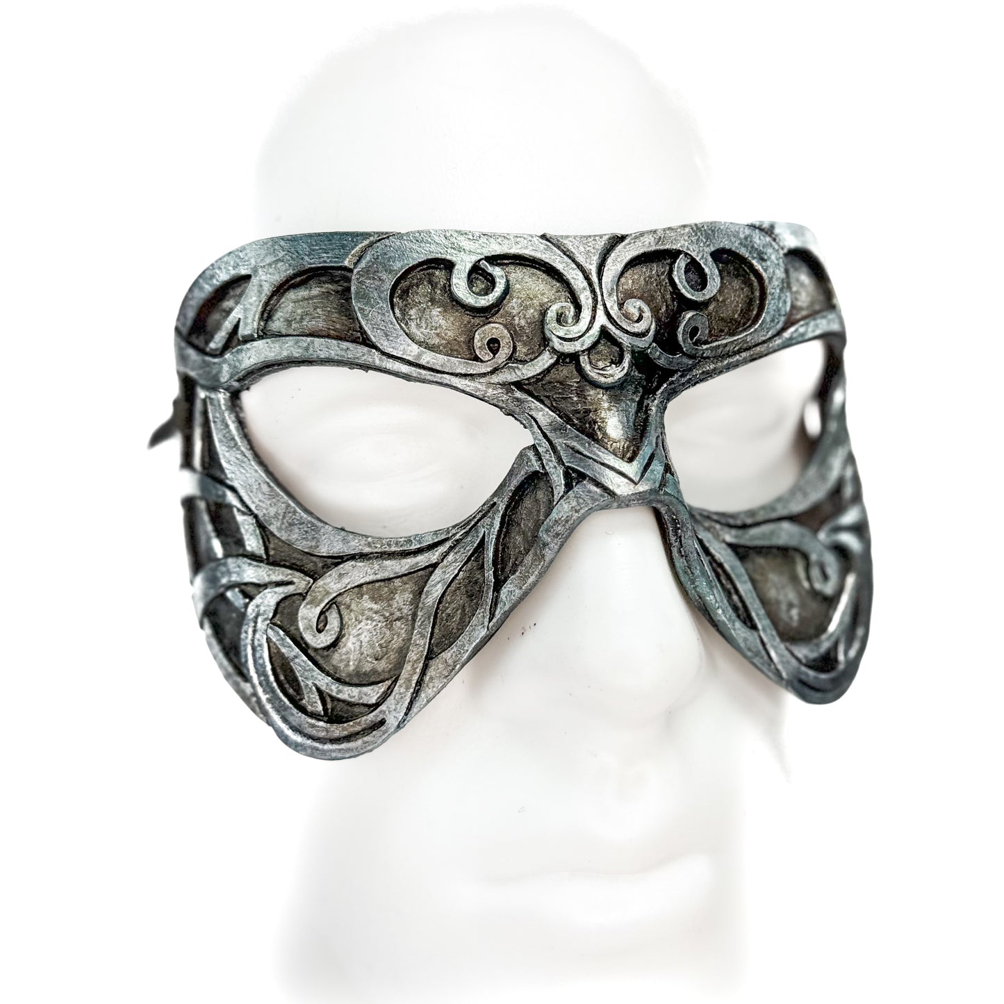 Dual Layer Ornate Masquerade Handmade Genuine Leather Eye Mask in Antiqued Silver