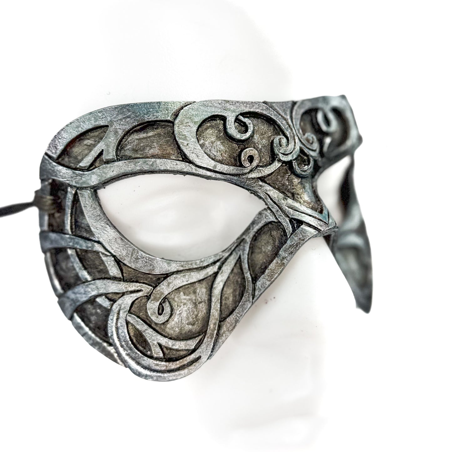 Dual Layer Ornate Masquerade Handmade Genuine Leather Eye Mask in Antiqued Silver