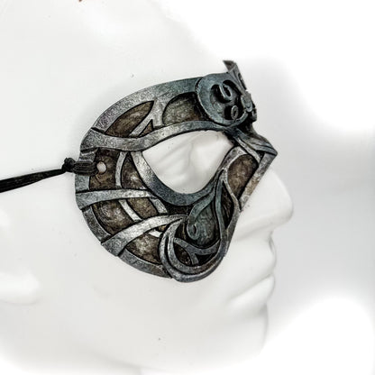 Dual Layer Ornate Masquerade Handmade Genuine Leather Eye Mask in Antiqued Silver