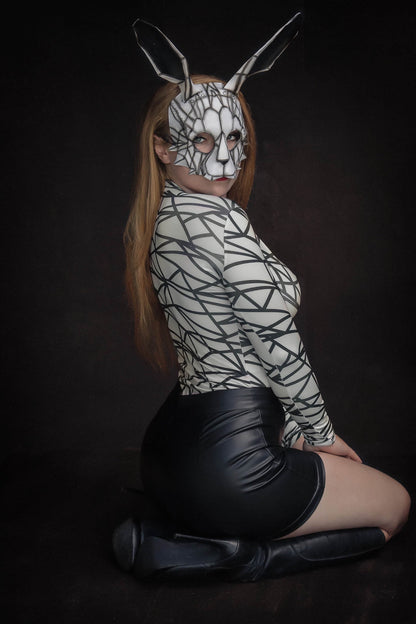 Geometric Bunny Leather Mask in Black and White
