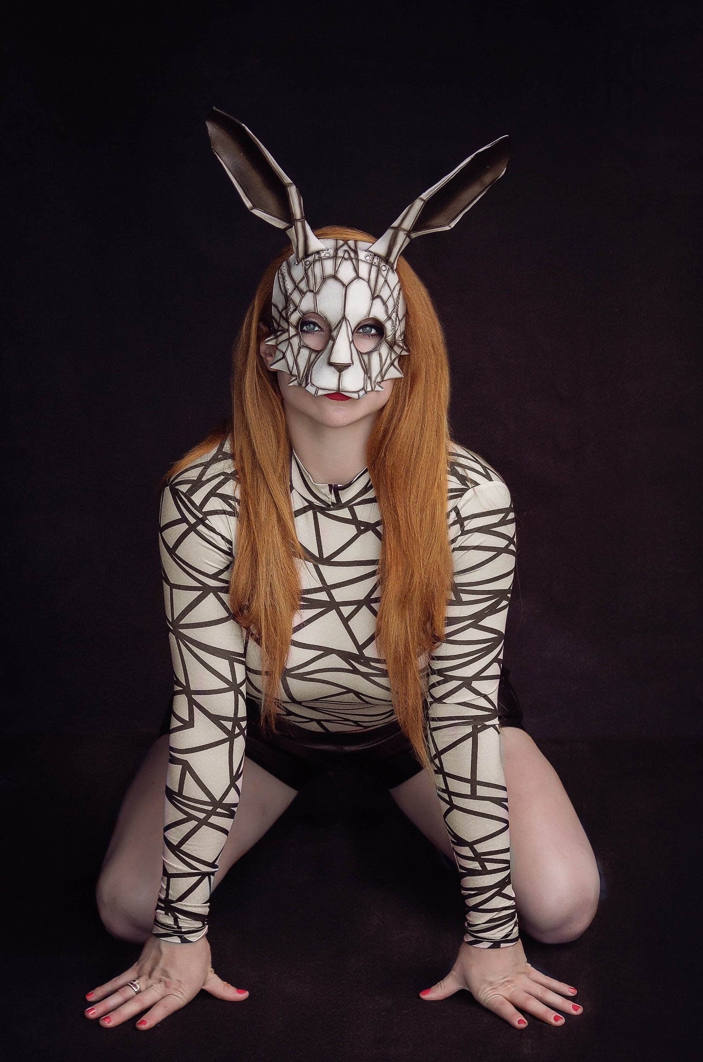 Geometric Bunny Leather Mask in Black and White