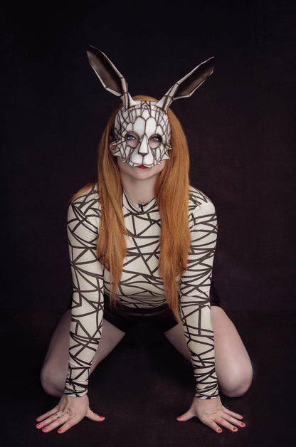 Geometric Bunny Leather Mask in Black and White