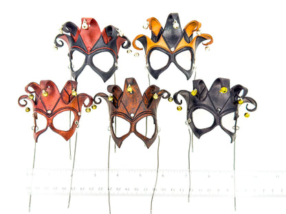 Court Jester - 5 Point Leather Mini Mask – Handcrafted Charm for Rearview Mirrors, Handbags, Lanyards, Party Favors & More