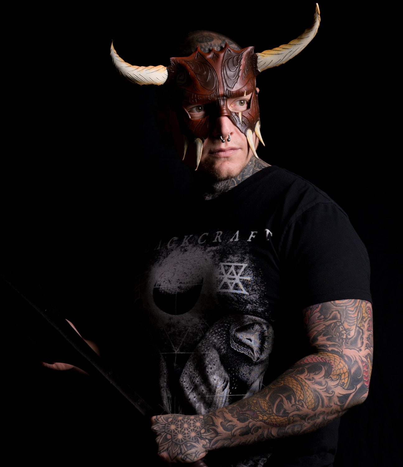 Handmade Genuine Leather Mask with Horns in Natural Colors - The Horned Beast