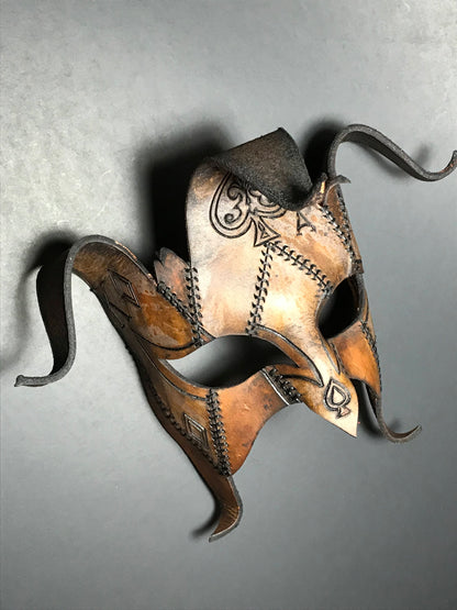 The Joker's Card- Joker Jester Handmade Genuine Leather Mask in Dyed Leather