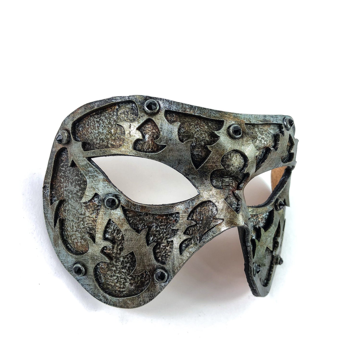 Dual Layer Handmade Genuine Leather Mask in Silver Rust with Swarovski Crystals