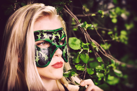 Dual Layer Handmade Genuine Leather Mask in Green and Black with Swarovski Crystals