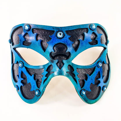 Dual Layer Handmade Genuine Leather Mask in Blue and Black with Swarovski Crystals