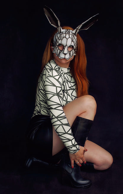 In Stock - Geometric Bunny Leather Mask in Black and White